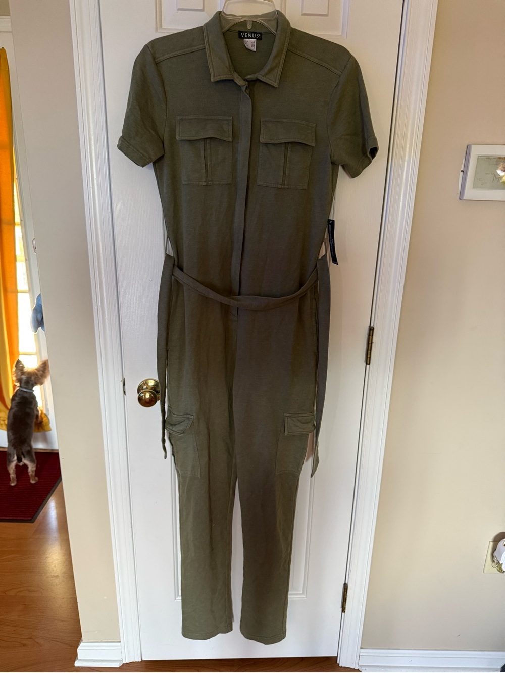 VENUS Olive Green Short-Sleeve Utility Jumpsuit with Waist Tie
